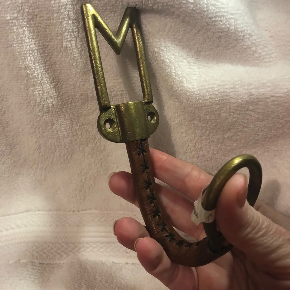 Metal brass monogram M and leather home decor hook
